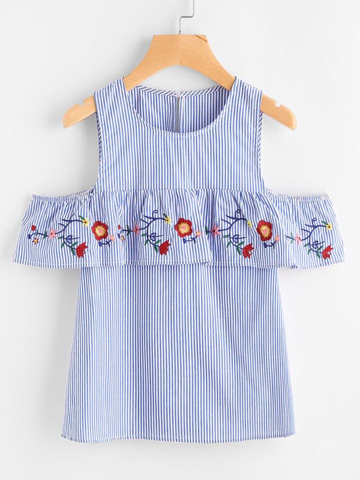 Romwe Open Shoulder Embroidered Flounce Trim Striped Top