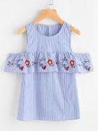 Romwe Open Shoulder Embroidered Flounce Trim Striped Top