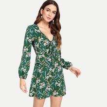 Romwe Floral Print Ruffle Trim Knot Neck Dress