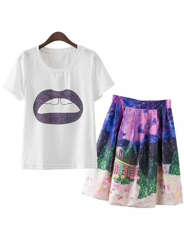 Romwe Lip Print Top With Castle Print Skirt