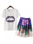 Romwe Lip Print Top With Castle Print Skirt