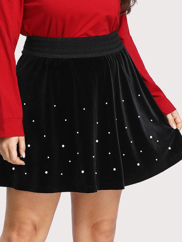 Romwe Elastic Waist Pearl Beading Velvet Skirt