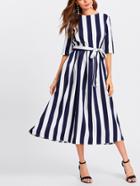 Romwe Button Keyhole Back Self Belt Vertical Striped Dress