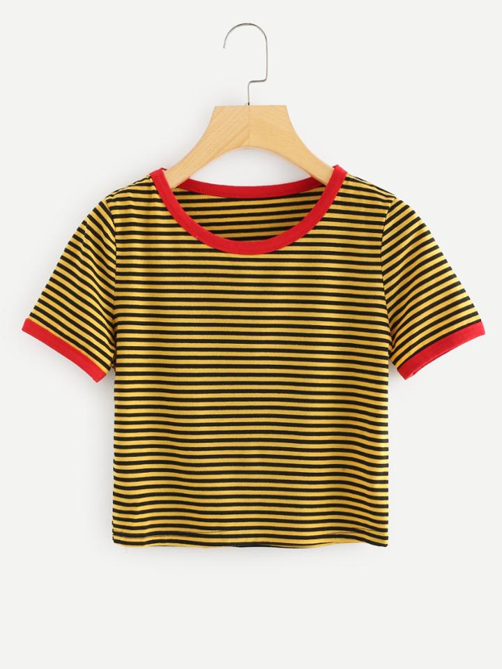 Romwe Contrast Neck Striped Tee