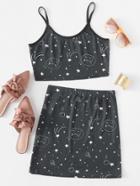 Romwe Cat Print Crop Cami With Skirt