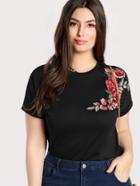 Romwe Embroidered Rose Patch T-shirt