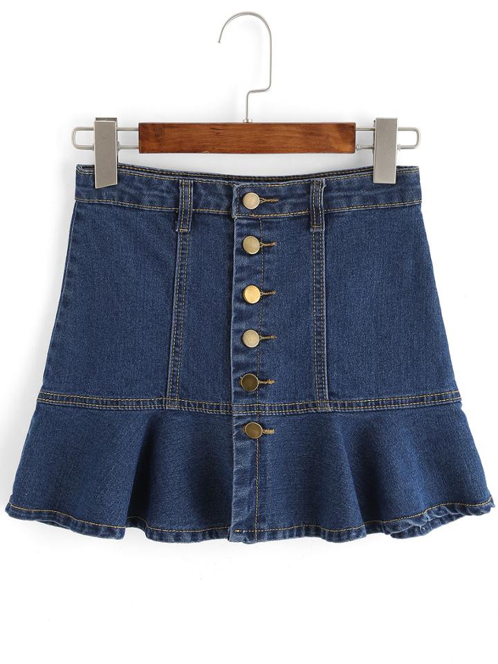 Romwe Single Breasted Ruffle Denim A-line Skirt