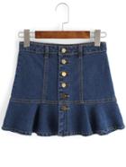 Romwe Single Breasted Ruffle Denim A-line Skirt