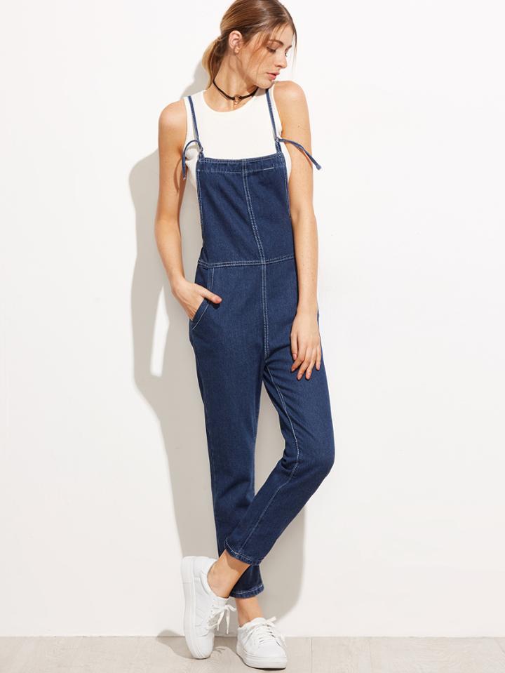 Romwe Blue Spaghetti Strap Overall Jumpsuit