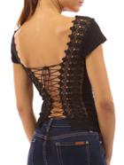 Romwe Black Lace Up Back T-shirt