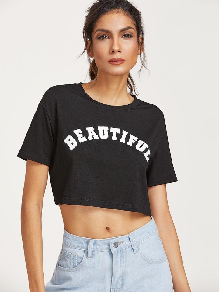 Romwe Black Letter Print Ripped Back Crop T-shirt