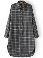 Romwe Grey White Lapel Plaid Dip Hem Blouse