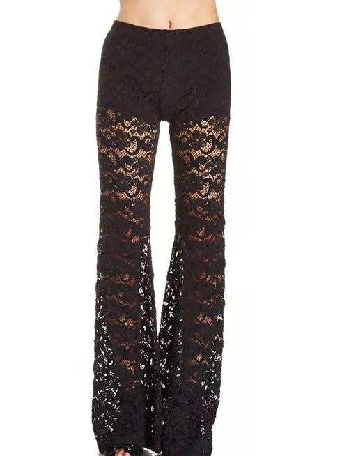 Romwe Black Lace Wide Leg Sexy Pants