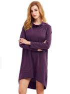 Romwe Purple Cowl Neck Long Sleeve High Low Dress