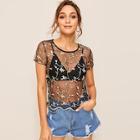 Romwe Embroidery Mesh Sheer Blouse