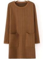Romwe Vertical Stripe Pockets Khaki Dress