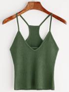 Romwe Army Green V Neck Ribbed Knit Cami Top