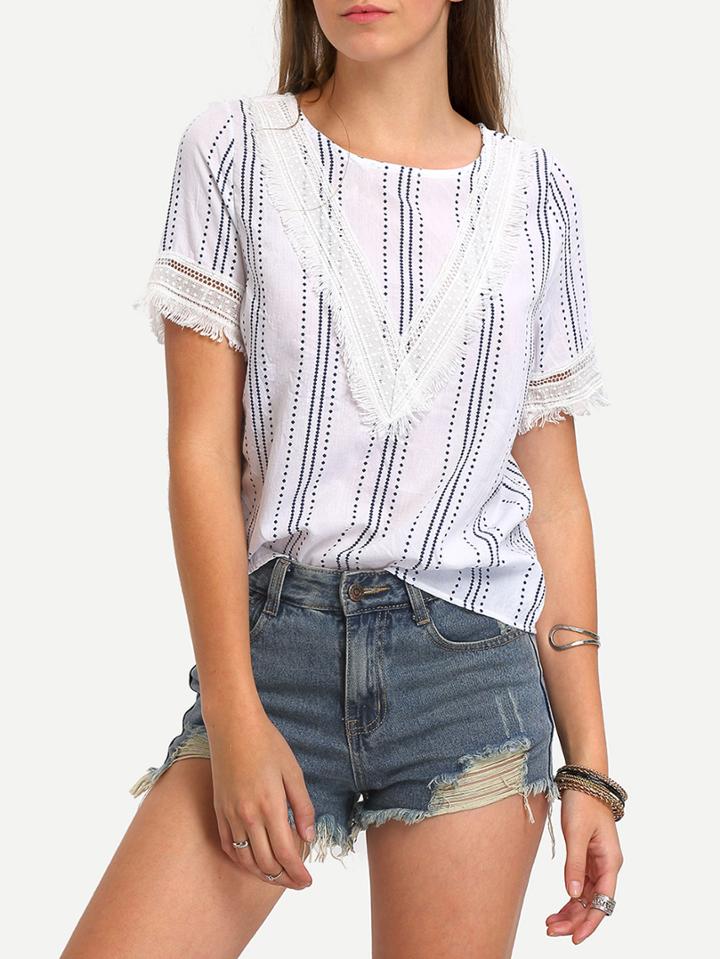 Romwe Tasselled Lace Trimmed Printed Blouse