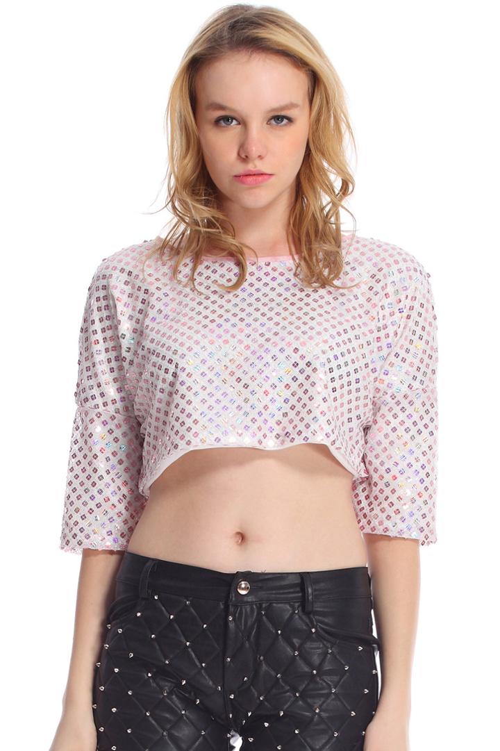 Romwe Romwe Pink Sequins Embellished Short-sleeved Blouse