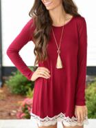 Romwe Red Long Sleeve Lace Embellished Tee Dress