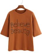 Romwe Elbow Sleeve Letter Print Khaki T-shirt
