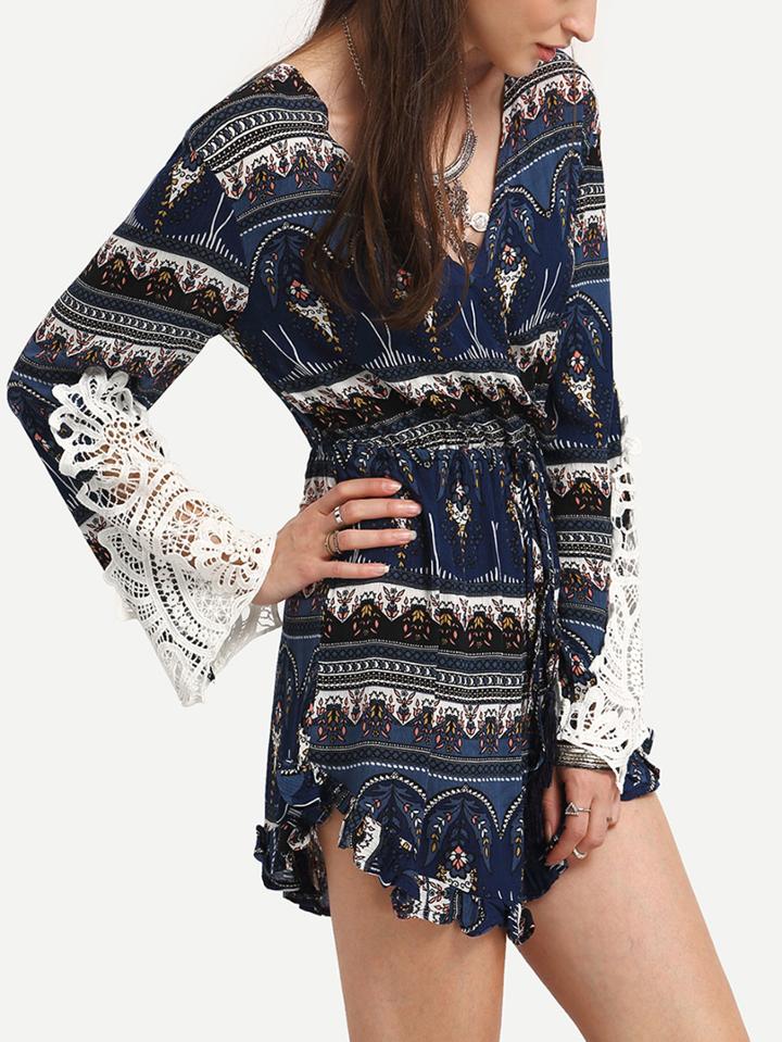 Romwe Lace Insert Sleeve Tribal Print Romper