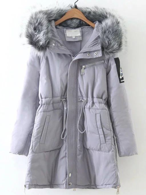 Romwe Grey Drawstring Waist Hooded Padded Coat With Faux Fur