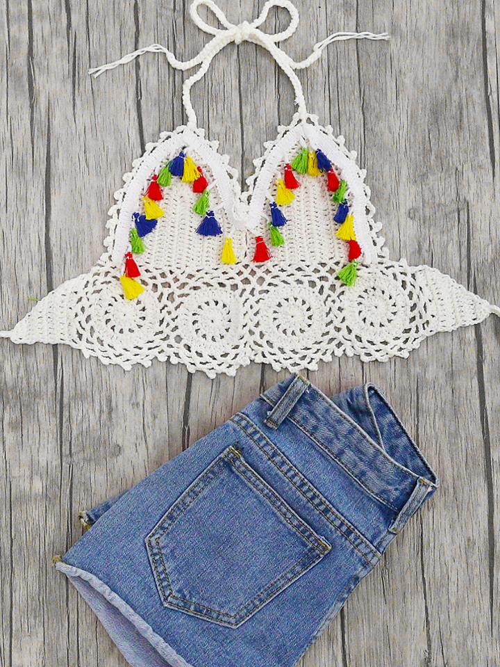 Romwe Tassel Design Triangle Crochet Bikini Top