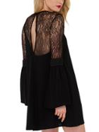 Romwe Black Bell Sleeve Lace Insert Keyhole Dress