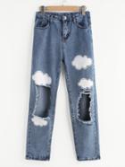 Romwe Cloud Print Distressed Jeans