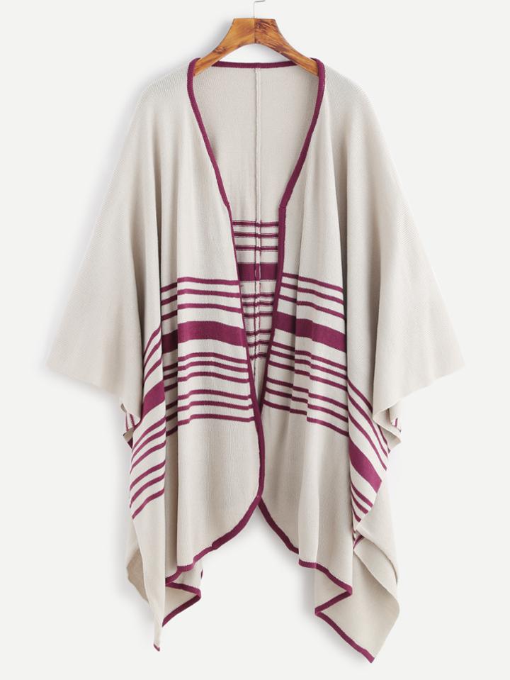 Romwe Apricot Contrast Trim Striped Pattern Poncho Cardigan