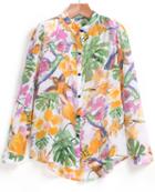 Romwe With Buttons Dip Hem Florals Blouse