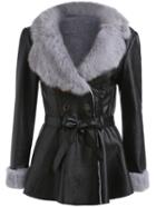 Romwe Faux Fur Double Breasted Pu Coat With Belt