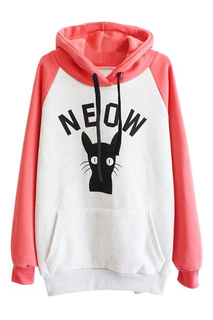 Romwe Neow And Cat Print Drawstring Hoodie