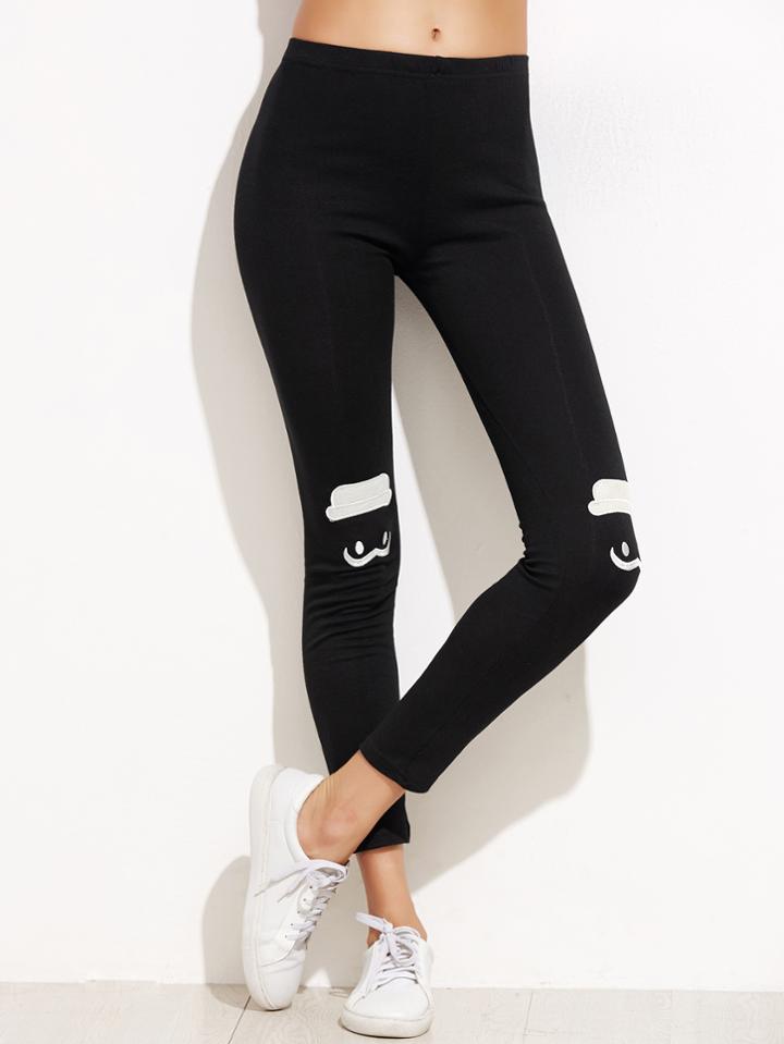 Romwe Black Knee Embroidery Stretch Leggings