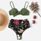 Romwe Ribbed Top With Random Floral High Waist Bikini
