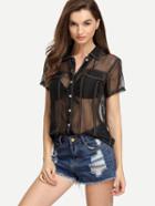 Romwe Short Sleeve Sheer Blouse With Pockets