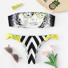 Romwe Graphic Print Bandeau With Chevron Tie Side Bikini