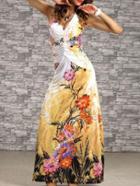 Romwe Halter Backless Flowers Print Yellow Dress