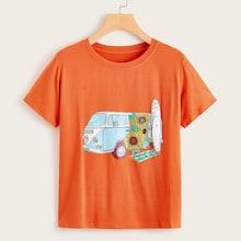Romwe Sunflower & Car Print Tee