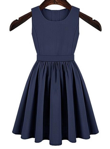Romwe Open Back Buttons Pleated Blue Dress