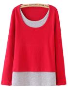 Romwe Long Sleeve Contrast Combo Red T-shirt