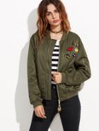 Romwe Olive Green Ribbed Trim Satin Bomber Jacket With Lovely Pins