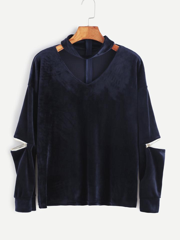 Romwe Navy Cutout Zipper Detail Velvet Sweatshirt