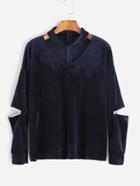 Romwe Navy Cutout Zipper Detail Velvet Sweatshirt
