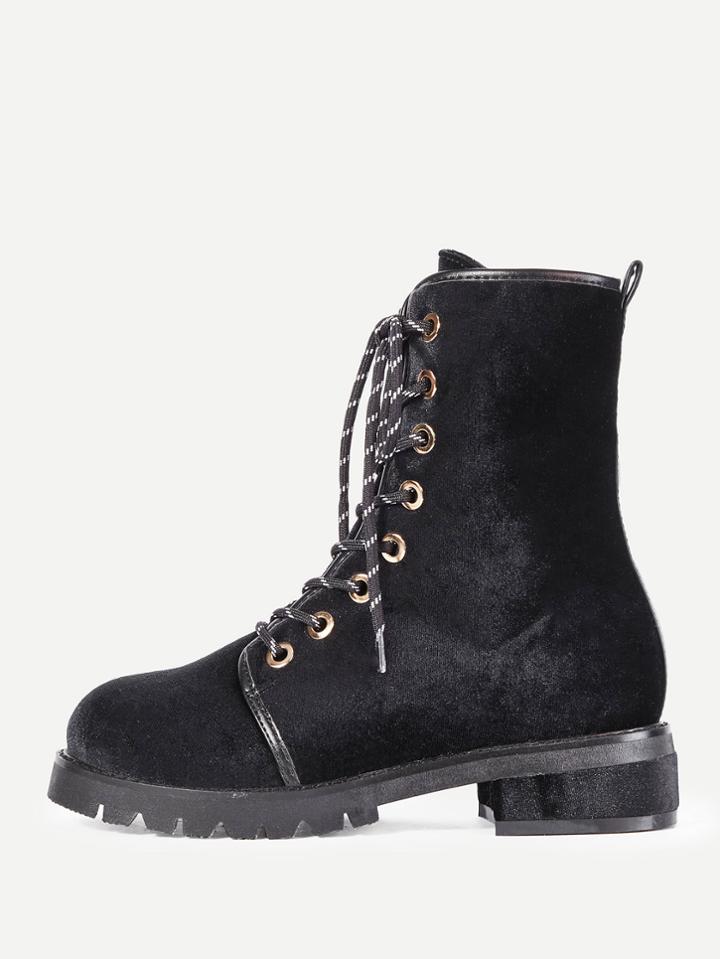 Romwe Lace Up Flat Velvet Boots