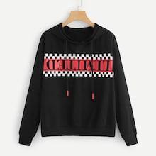 Romwe Plus Drawstring Letter Print Hoodie