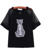 Romwe Cat Letter Embroidered Black T-shirt