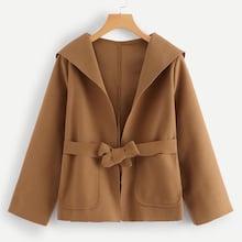 Romwe Pocket Side Belted Hooded Wrap Coat