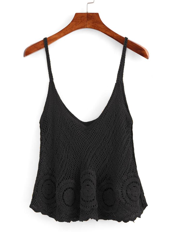 Romwe Hollow Out Crochet Cami Top - Black